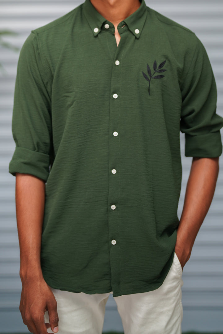 Men's Embroidered Cotton Linen Shirt | Lightweight & Comfortable - Dark Olive Green