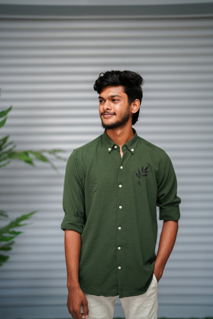 Men's Embroidered Cotton Linen Shirt | Lightweight & Comfortable - Dark Olive Green