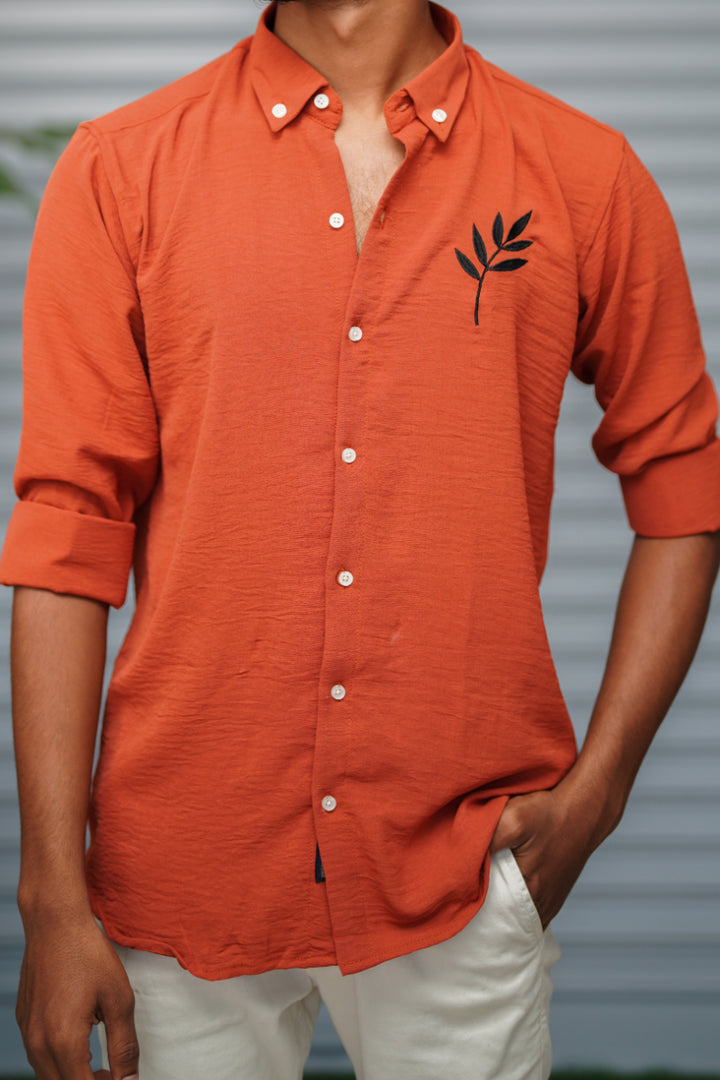 Men's Embroidered Cotton Linen Shirt | Lightweight & Comfortable - Orange
