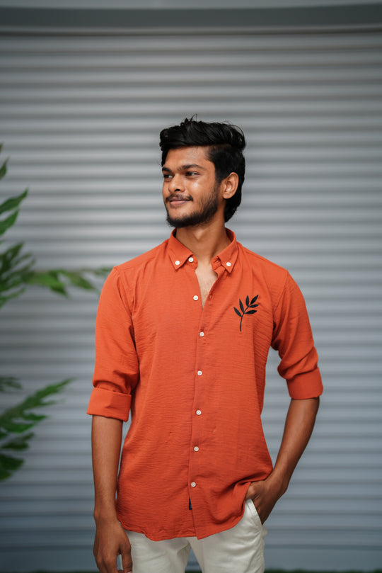 Men's Embroidered Cotton Linen Shirt | Lightweight & Comfortable - Orange – 7MAN Men's Fashion India