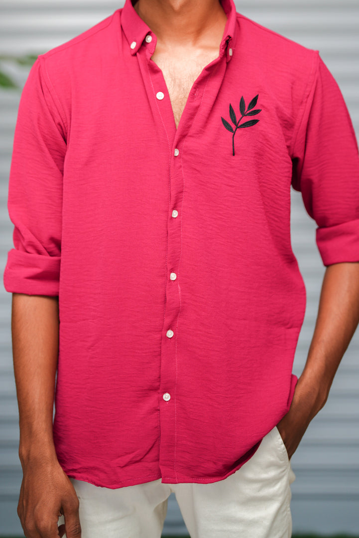 Men's Embroidered Cotton Linen Shirt | Lightweight & Comfortable - Dark Pink