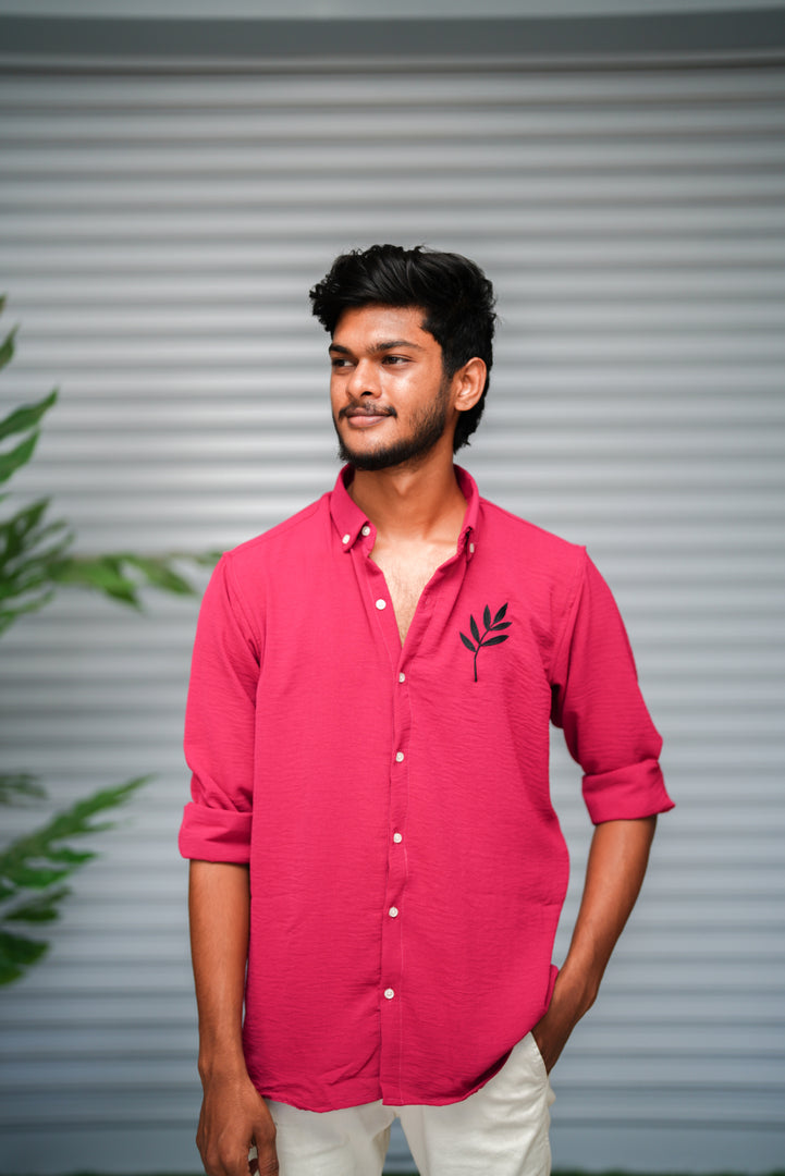 Men's Embroidered Cotton Linen Shirt | Lightweight & Comfortable - Dark Pink