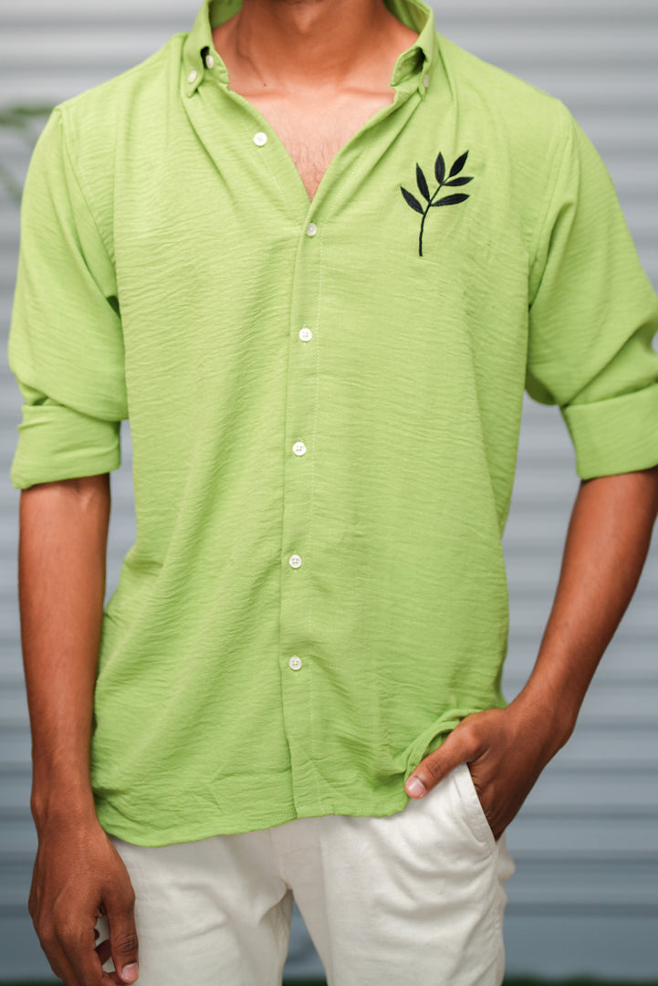 Men's Embroidered Cotton Linen Shirt | Lightweight & Comfortable - Pista Green