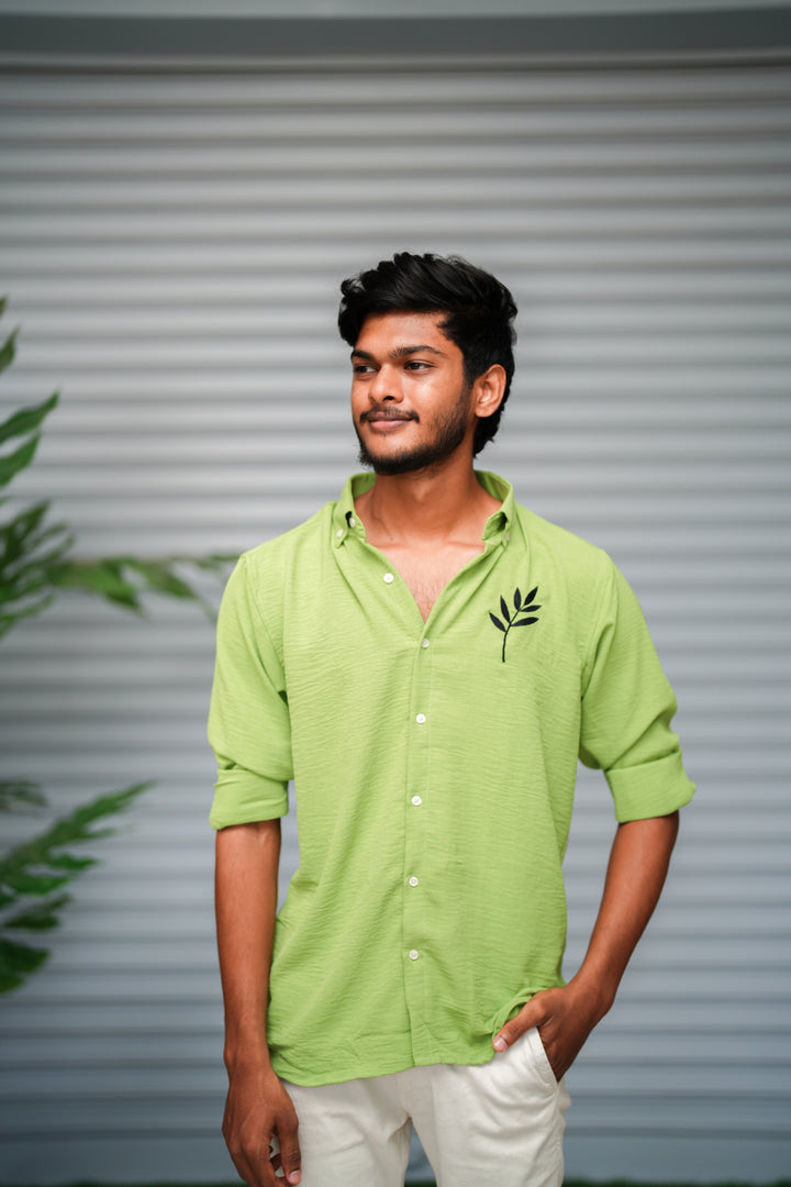 Men's Embroidered Cotton Linen Shirt | Lightweight & Comfortable - Pista Green