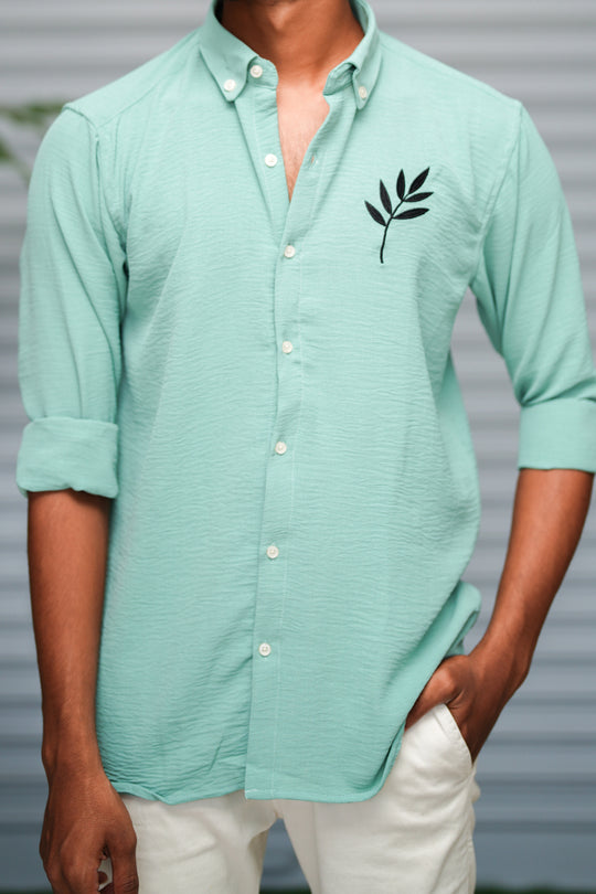 Men's Embroidered Cotton Linen Shirt | Lightweight & Comfortable - Mint Green – alternate view – 7MAN India