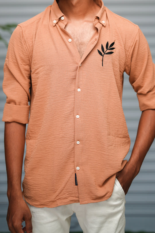 Men's Embroidered Cotton Linen Shirt | Lightweight & Comfortable - Peach – alternate view – 7MAN India