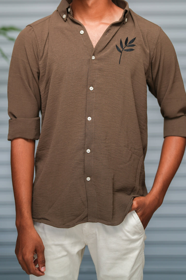 Men's Embroidered Cotton Linen Shirt | Lightweight & Comfortable - Brown