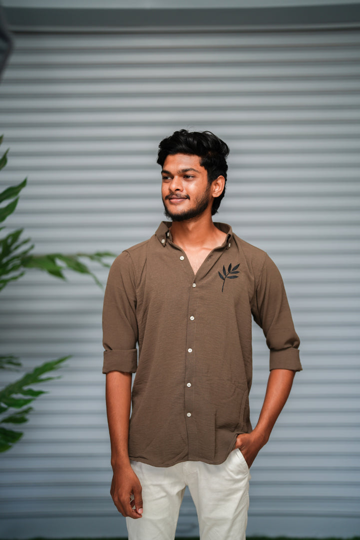 Men's Embroidered Cotton Linen Shirt | Lightweight & Comfortable - Brown