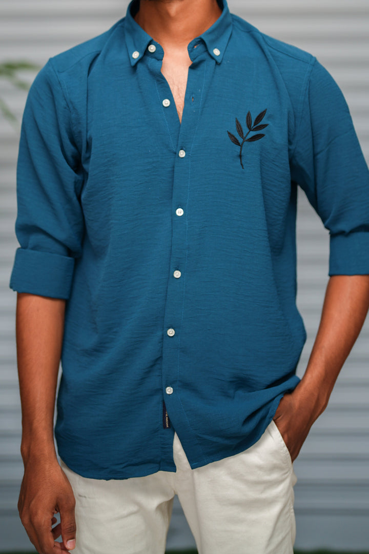 Men's Embroidered Cotton Linen Shirt | Lightweight & Comfortable - Steel Blue