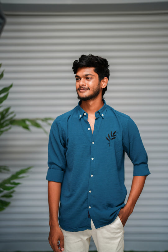 Men's Embroidered Cotton Linen Shirt | Lightweight & Comfortable - Steel Blue – 7MAN Men's Fashion India