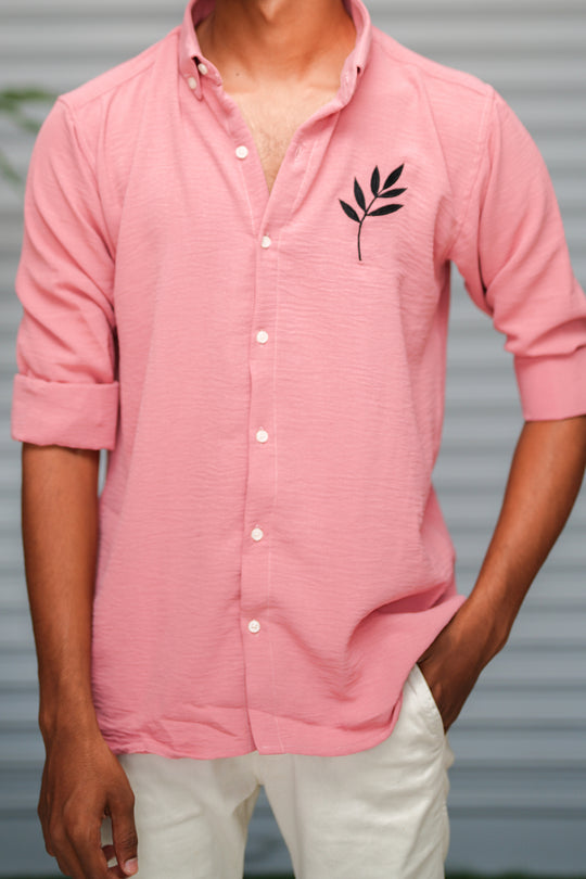 Men's Embroidered Cotton Linen Shirt | Lightweight & Comfortable - Blush Pink – alternate view – 7MAN India