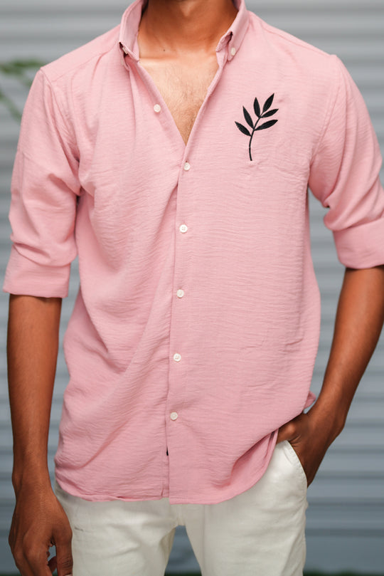 Men's Embroidered Cotton Linen Shirt | Lightweight & Comfortable - Baby Pink – alternate view – 7MAN India
