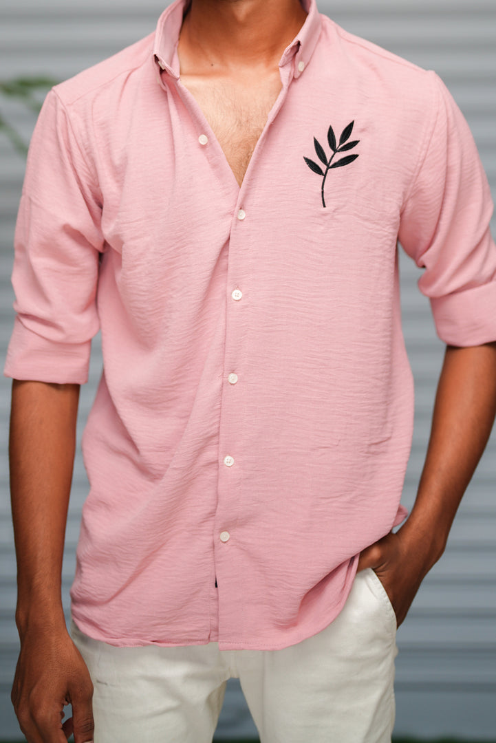 Men's Embroidered Cotton Linen Shirt | Lightweight & Comfortable - Baby Pink