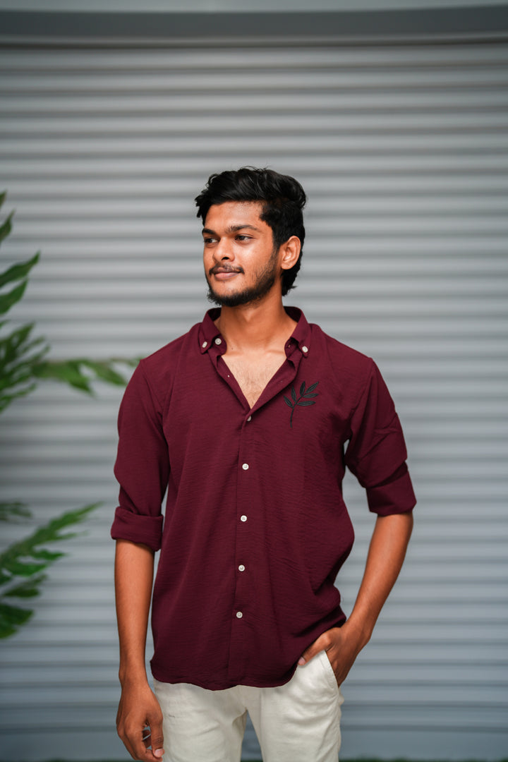 Men's Embroidered Cotton Linen Shirt | Lightweight & Comfortable - Wine