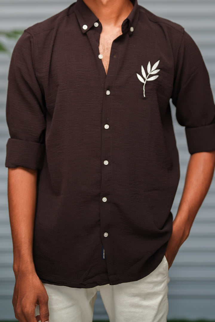 Men's Embroidered Cotton Linen Shirt | Lightweight & Comfortable - Dark Chocolate Brown