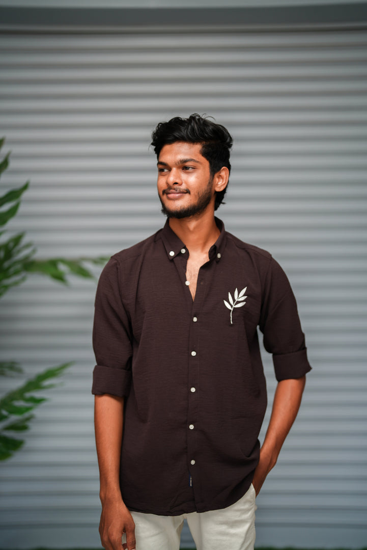 Men's Embroidered Cotton Linen Shirt | Lightweight & Comfortable - Dark Chocolate Brown