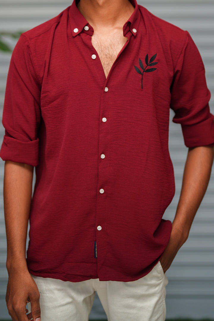 Men's Embroidered Cotton Linen Shirt | Lightweight & Comfortable - Maroon
