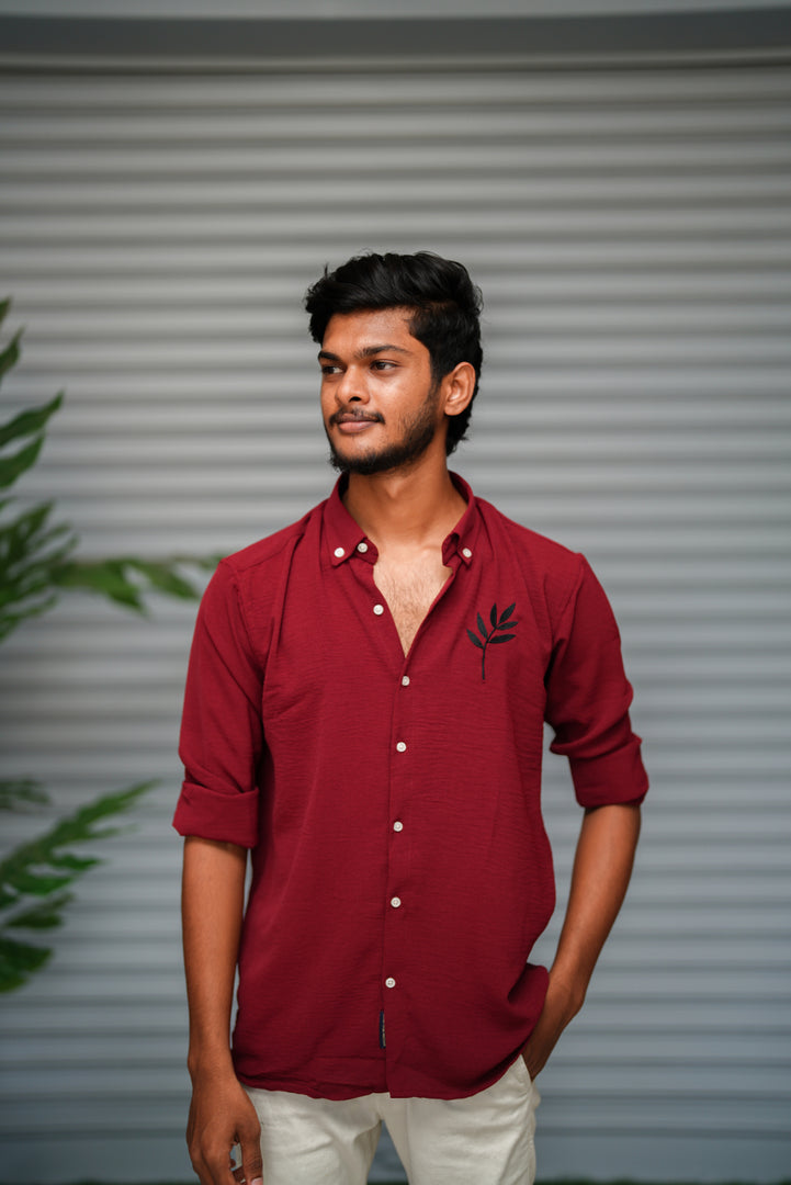 Men's Embroidered Cotton Linen Shirt | Lightweight & Comfortable - Maroon