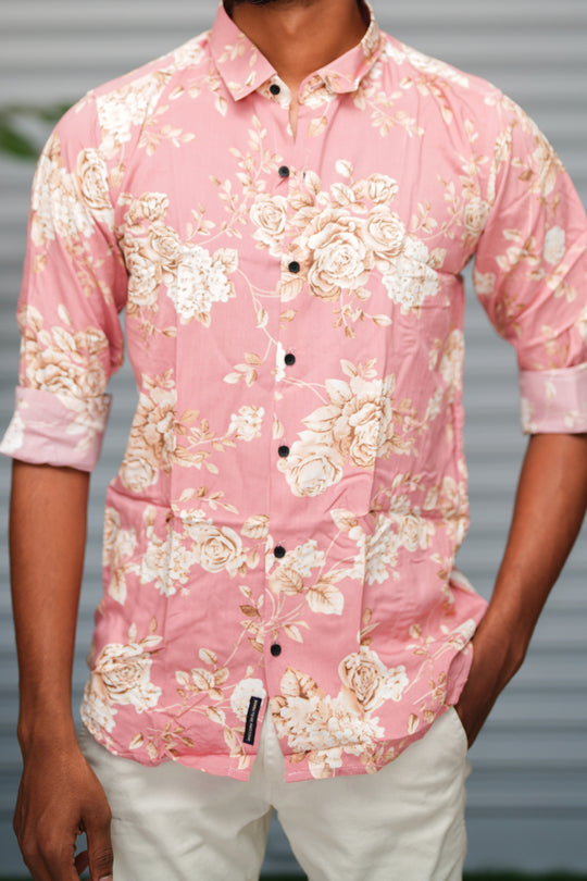 Men's Floral Printed Casual Shirt | Slim Fit Full Sleeve Cotton Blend Shirt - Blush Pink – alternate view – 7MAN India