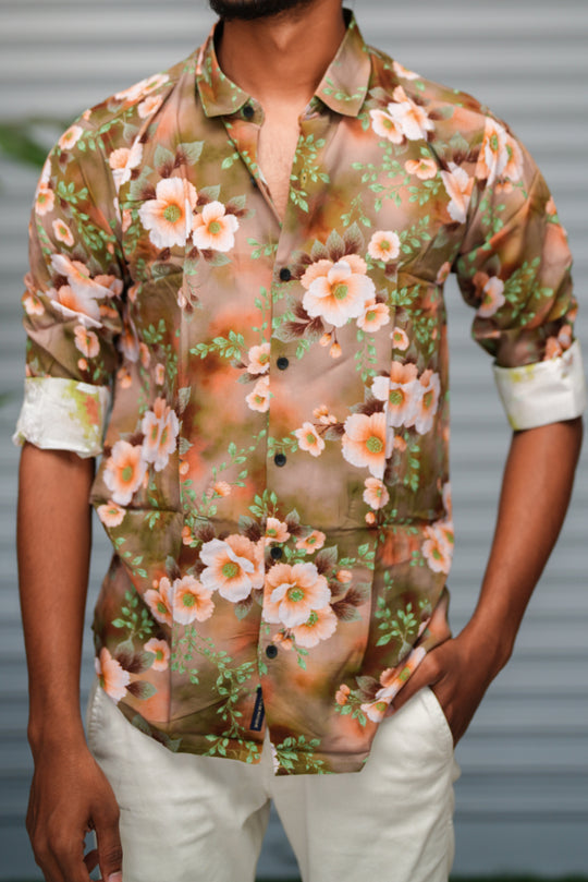 Men's Floral Printed Casual Shirt | Premium Slim Fit Full Sleeve Shirt - Olive Green – alternate view – 7MAN India