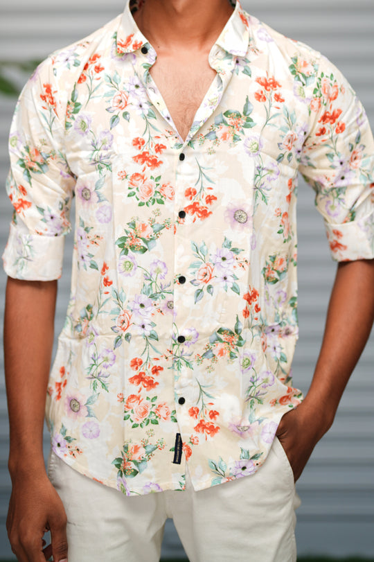 Men's Floral Printed Casual Shirt | Designer Slim Fit Floral Shirt - Ivory – alternate view – 7MAN India