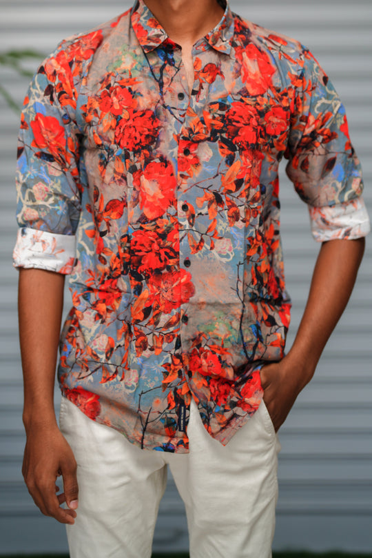 Men's Floral Printed Casual Shirt | Trendy Slim Fit Party Wear Shirt - Grey Red – alternate view – 7MAN India