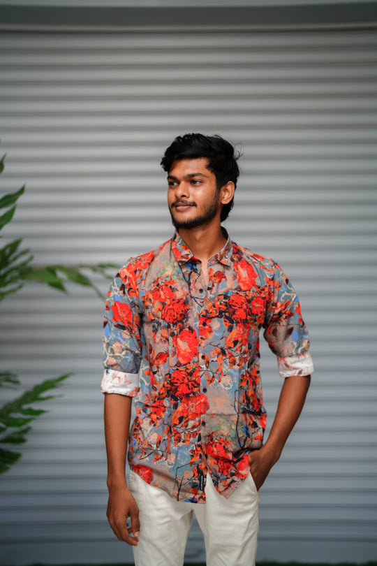 Men's Floral Printed Casual Shirt | Trendy Slim Fit Party Wear Shirt - Grey Red – 7MAN Men's Fashion India