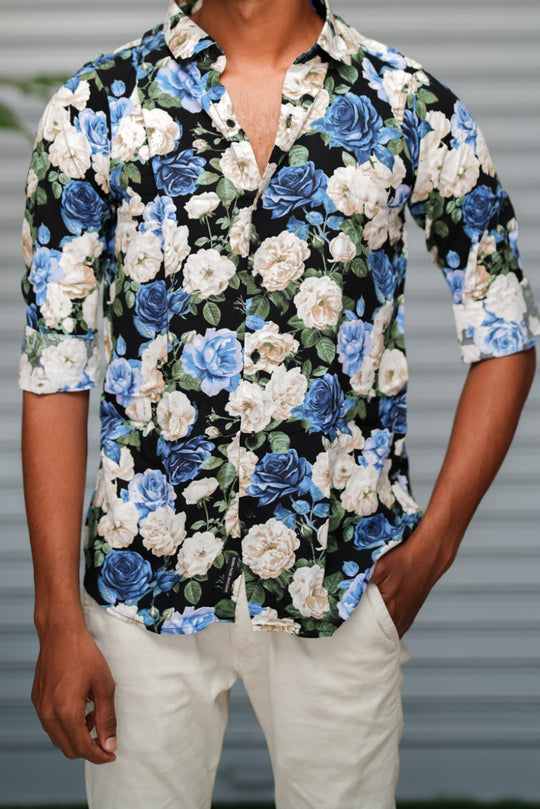 Men's Floral Printed Casual Shirt | Stylish Slim Fit Printed Shirt - Black Blue – alternate view – 7MAN India