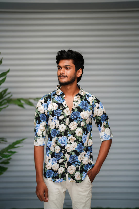 Men's Floral Printed Casual Shirt | Stylish Slim Fit Printed Shirt - Black Blue – 7MAN Men's Fashion India