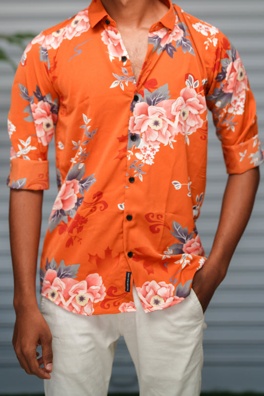 Men's Floral Printed Casual Shirt | Summer Slim Fit Printed Shirt - Orange – alternate view – 7MAN India