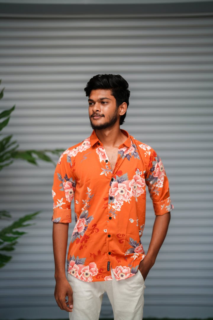 Men's Floral Printed Casual Shirt | Summer Slim Fit Printed Shirt - Orange