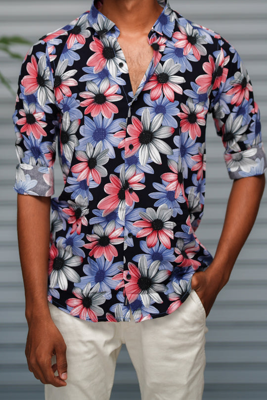 Men's Floral Printed Casual Shirt | Premium Casual Slim Fit Shirt - Navy Blue – alternate view – 7MAN India