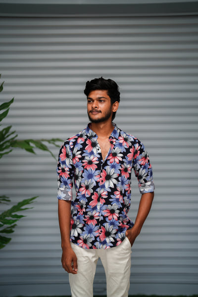 Men's Floral Printed Casual Shirt | Premium Casual Slim Fit Shirt - Navy Blue