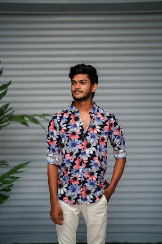 Men's Floral Printed Casual Shirt | Premium Casual Slim Fit Shirt - Navy Blue – 7MAN Men's Fashion India
