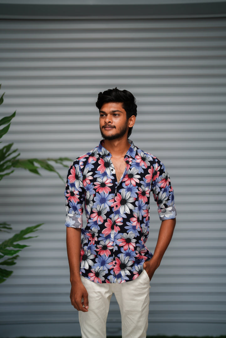 Men's Floral Printed Casual Shirt | Premium Casual Slim Fit Shirt - Navy Blue