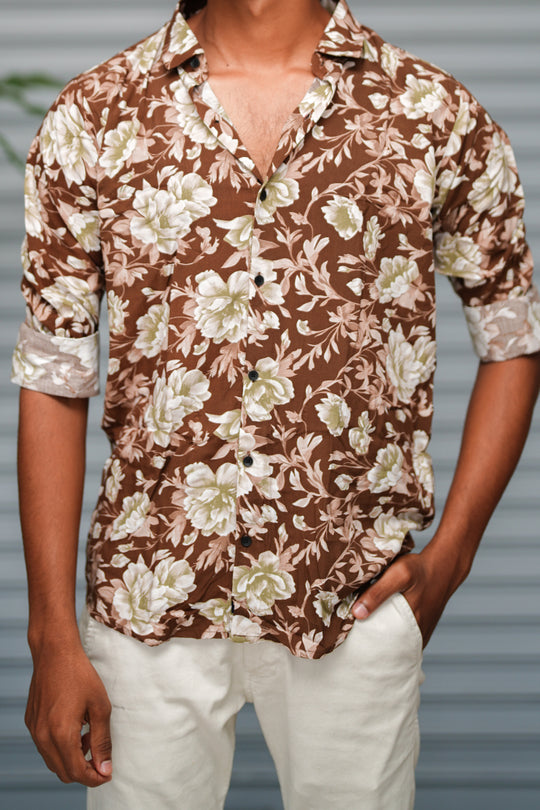 Men's  Floral Printed Casual Shirt | Stylish Full Sleeve Floral Shirt - Coffee Brown – alternate view – 7MAN India