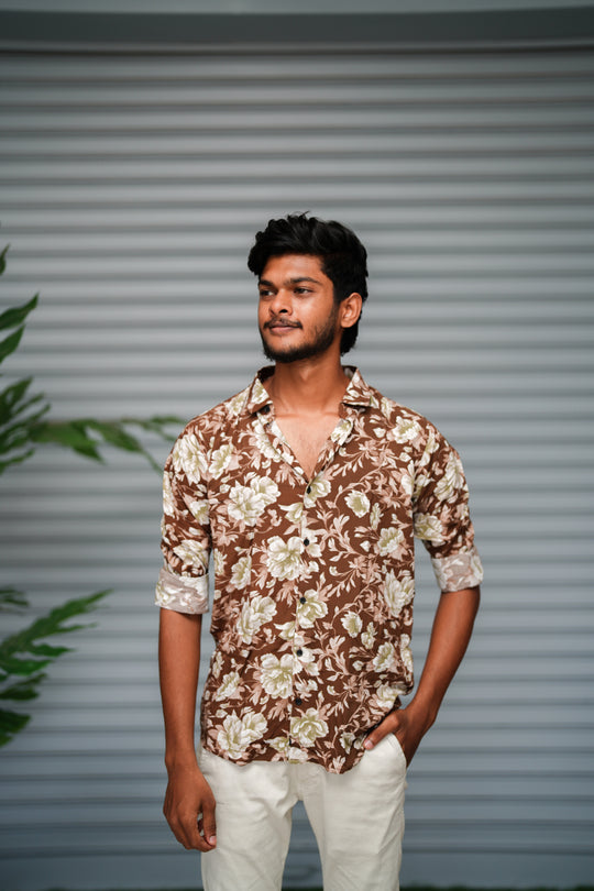 Men's  Floral Printed Casual Shirt | Stylish Full Sleeve Floral Shirt - Coffee Brown – 7MAN Men's Fashion India