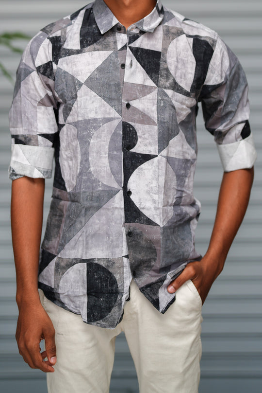 Men's Geometric Printed Casual Shirt | Slim Fit Designer Full Sleeve Shirt - Grey – alternate view – 7MAN India