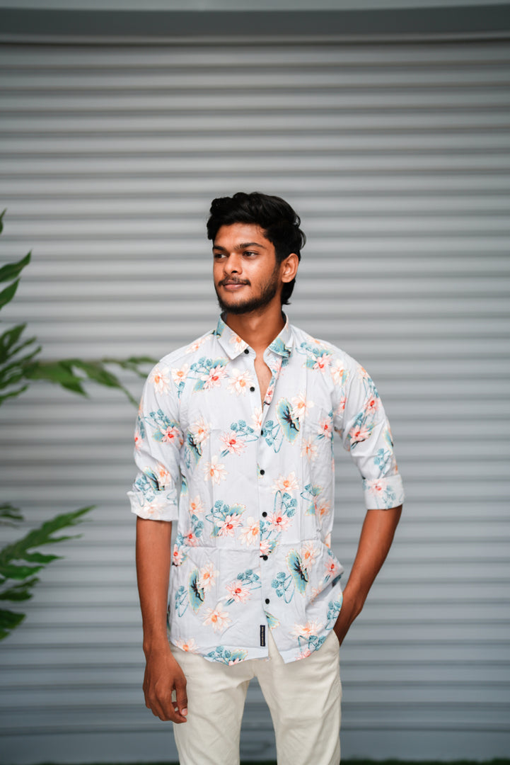 Men's  Floral Printed Casual Shirt | Premium Slim Fit Party Wear Shirt - Ice Blue