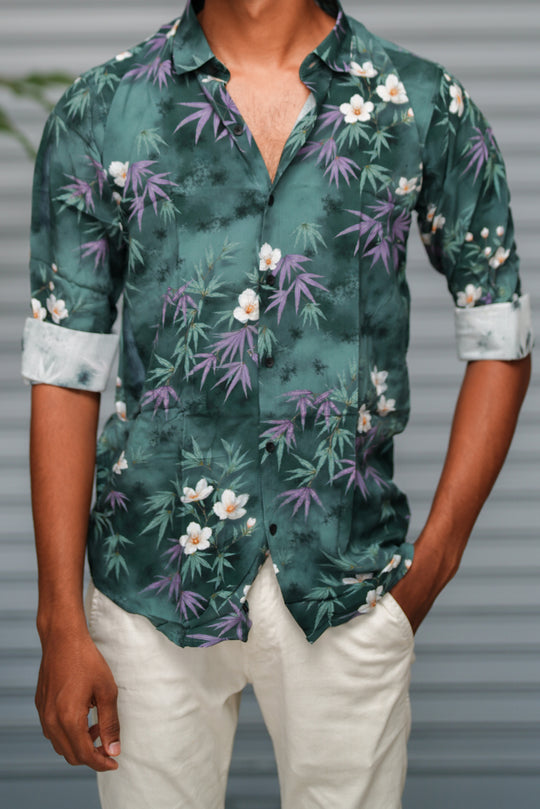 Men's Floral Printed Casual Shirt | Slim Fit Tropical Print Shirt for Men - Forest Green – alternate view – 7MAN India