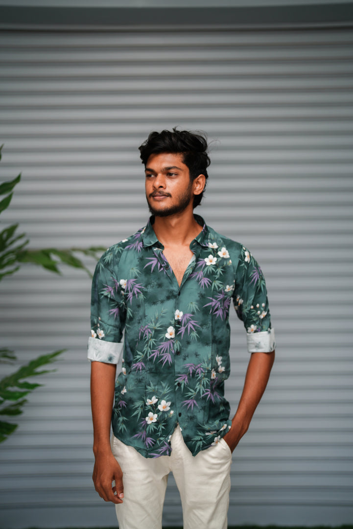 Men's Floral Printed Casual Shirt | Slim Fit Tropical Print Shirt for Men - Forest Green