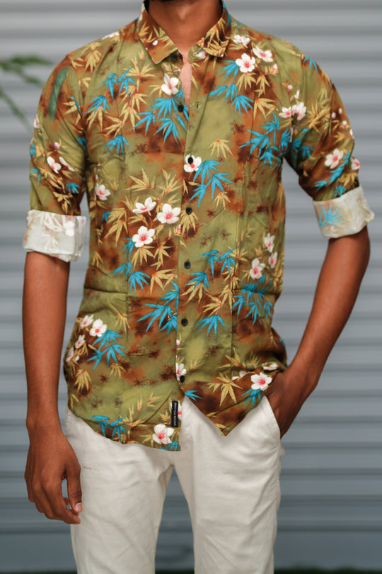 Men's Tropical Printed Casual Shirt | Premium Slim Fit Hawaiian Style Shirt - Olive – alternate view – 7MAN India