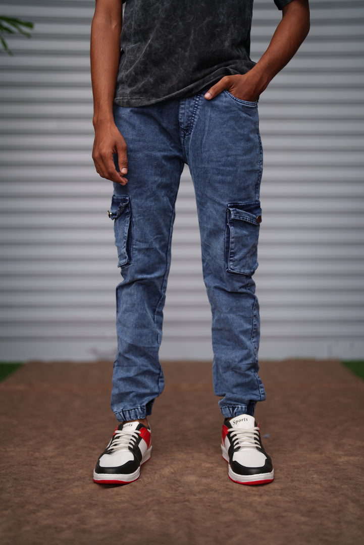 Men's Cargo Jogger Jeans | Slim Fit Stretch Denim Cargo Pants - Stone Blue