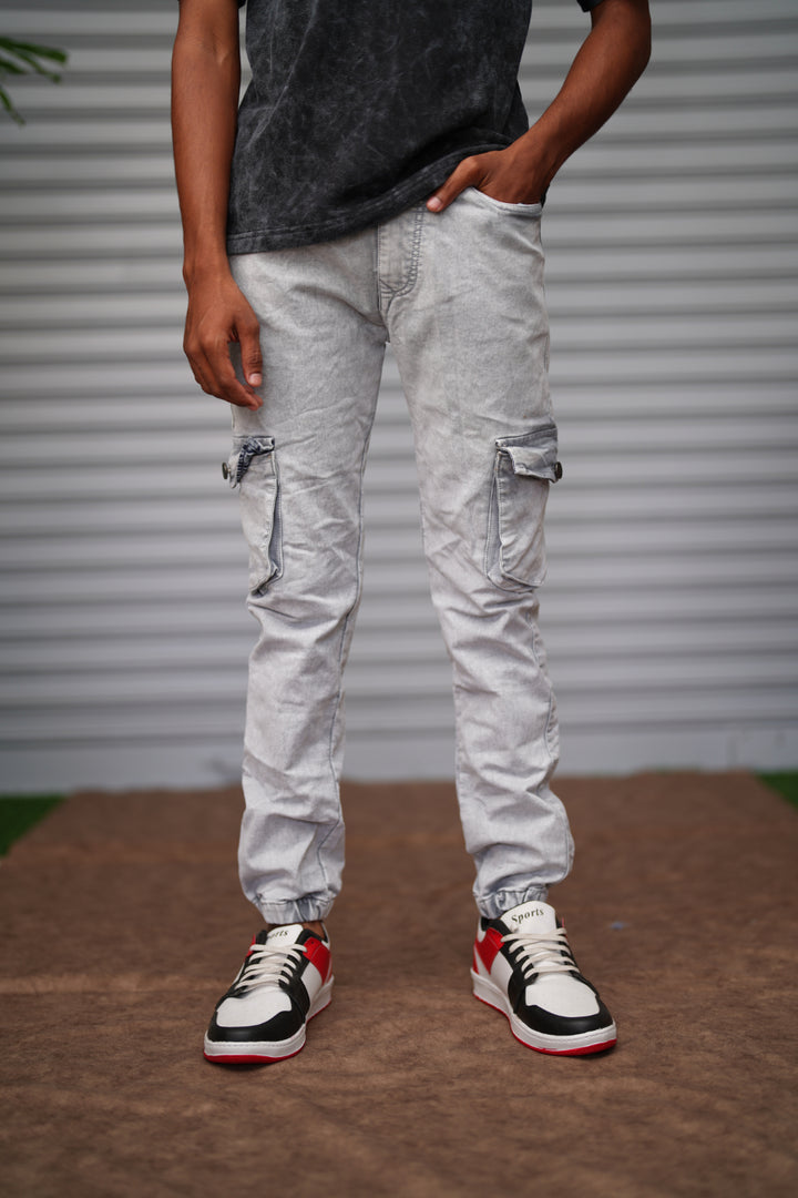Men's Cargo Jogger Jeans | Slim Fit Stretch Denim Cargo Pants for Men - Ice Grey