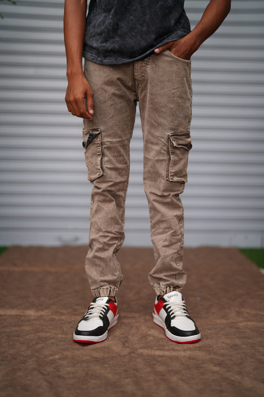 Men's Cargo Jogger Jeans | Premium Slim Fit Cargo Denim Pants - Khaki Brown – alternate view – 7MAN India