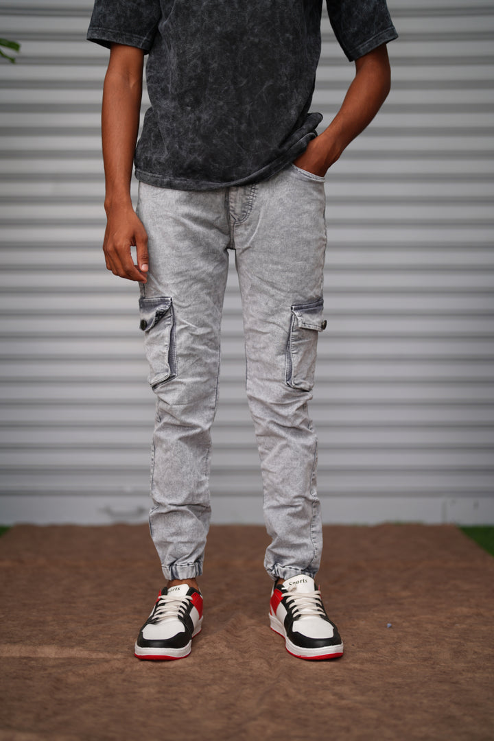 Men's Cargo Jogger Jeans | Stretch Slim Fit Washed Denim Cargo Pants - Silver Grey