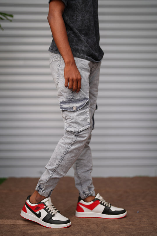 Men's Cargo Jogger Jeans | Stretch Slim Fit Washed Denim Cargo Pants - Silver Grey – 7MAN Men's Fashion India