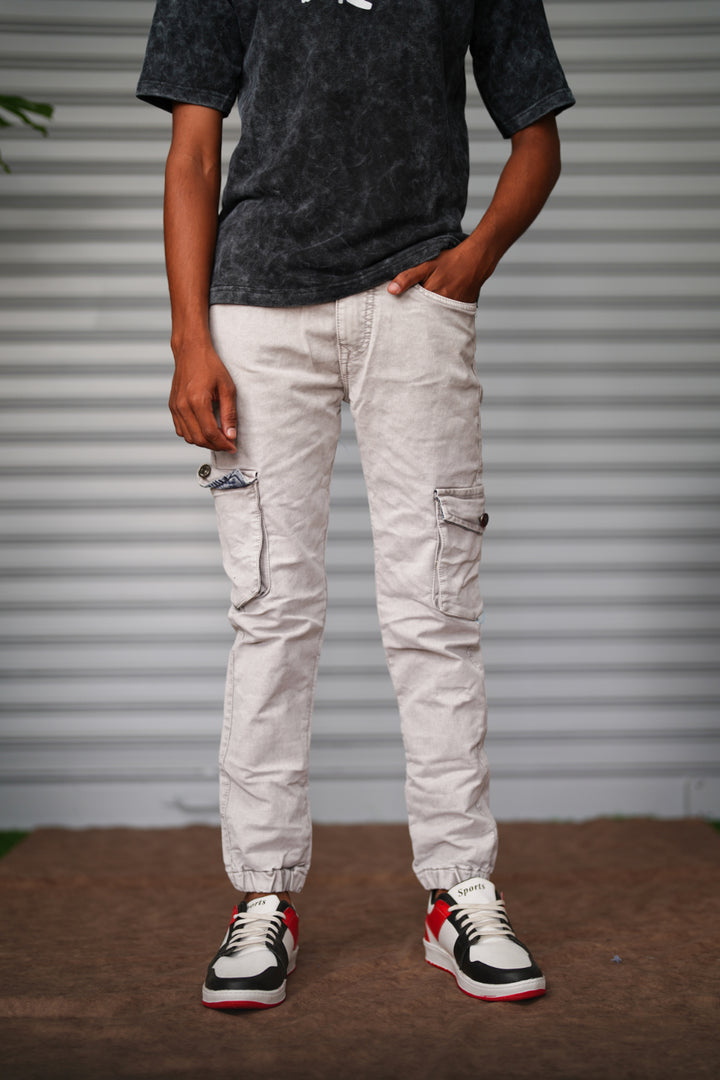 Men's Cargo Jogger Jeans | Slim Fit Casual Denim Cargo Pants - Cream White