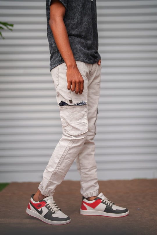Men's Cargo Jogger Jeans | Slim Fit Casual Denim Cargo Pants - Cream White – alternate view – 7MAN India
