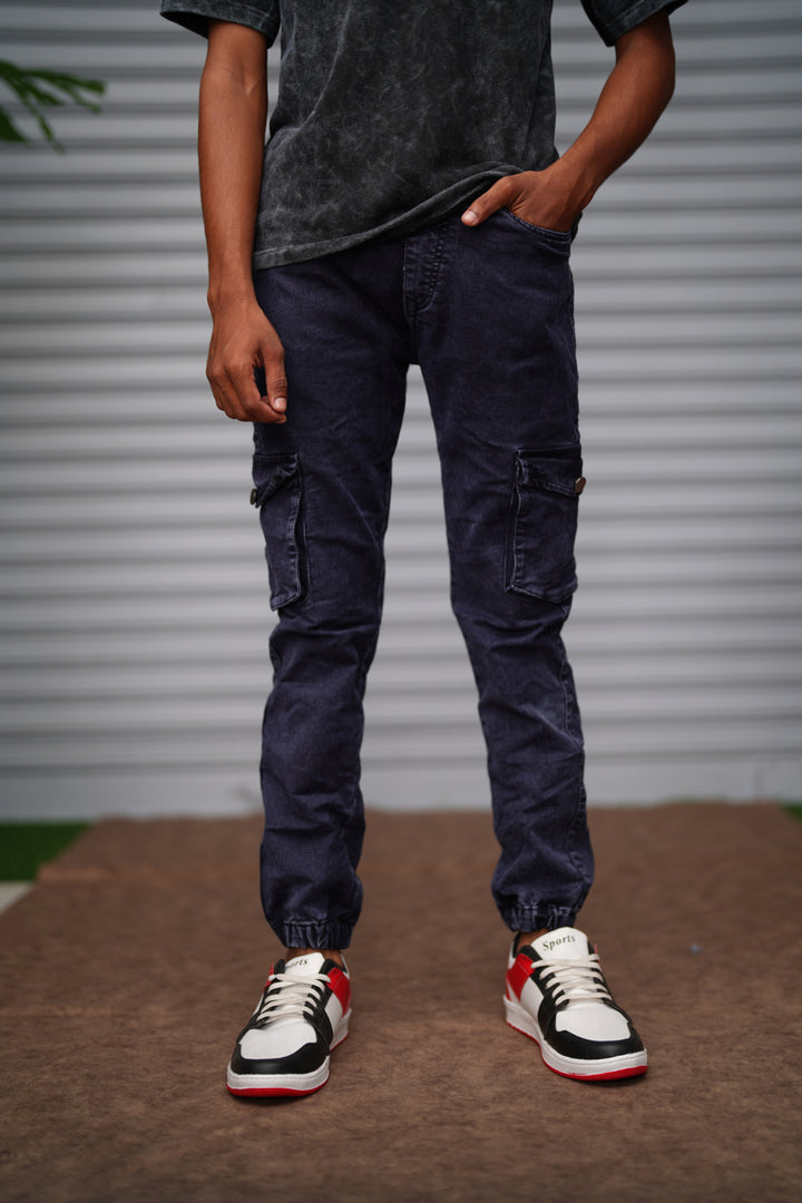 Men's Cargo Jogger Jeans | Slim Fit Stretch Denim Cargo Pants - Navy Blue